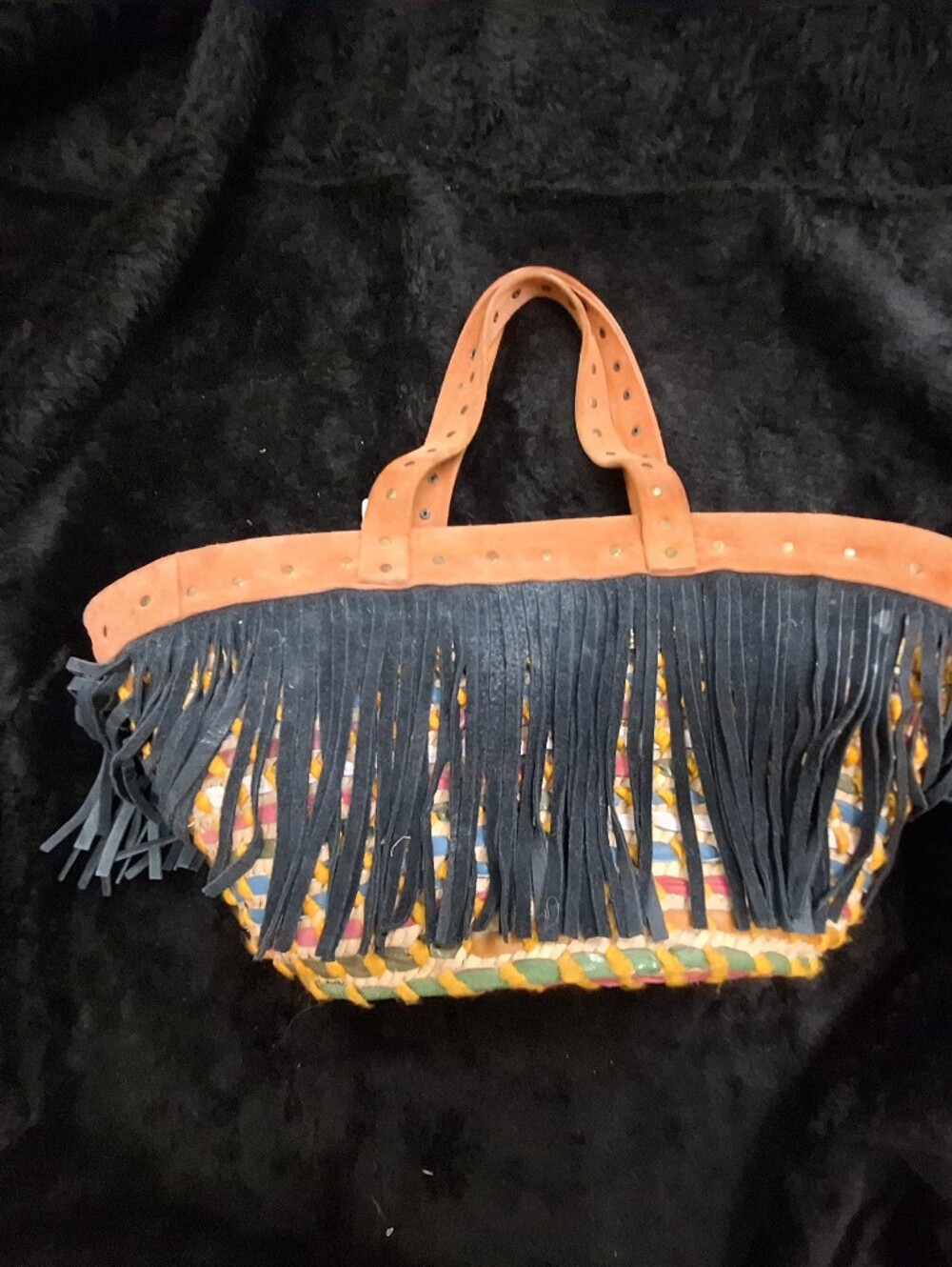 Genuine Leather Fringe Tote Bag in Navy and Tan
